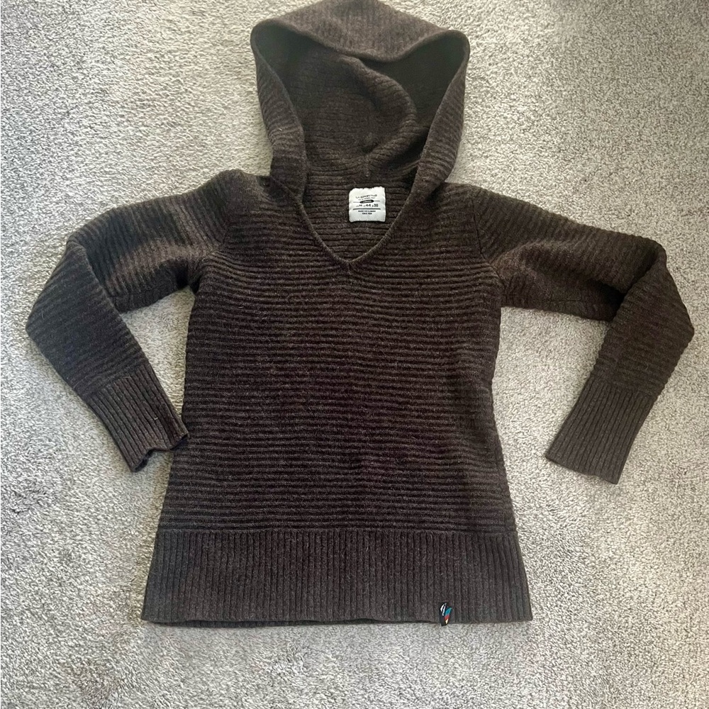 La Sportiva V-Neck Ribbed Hooded Merino Wool Blend Sweater, Women’s Size M Brown